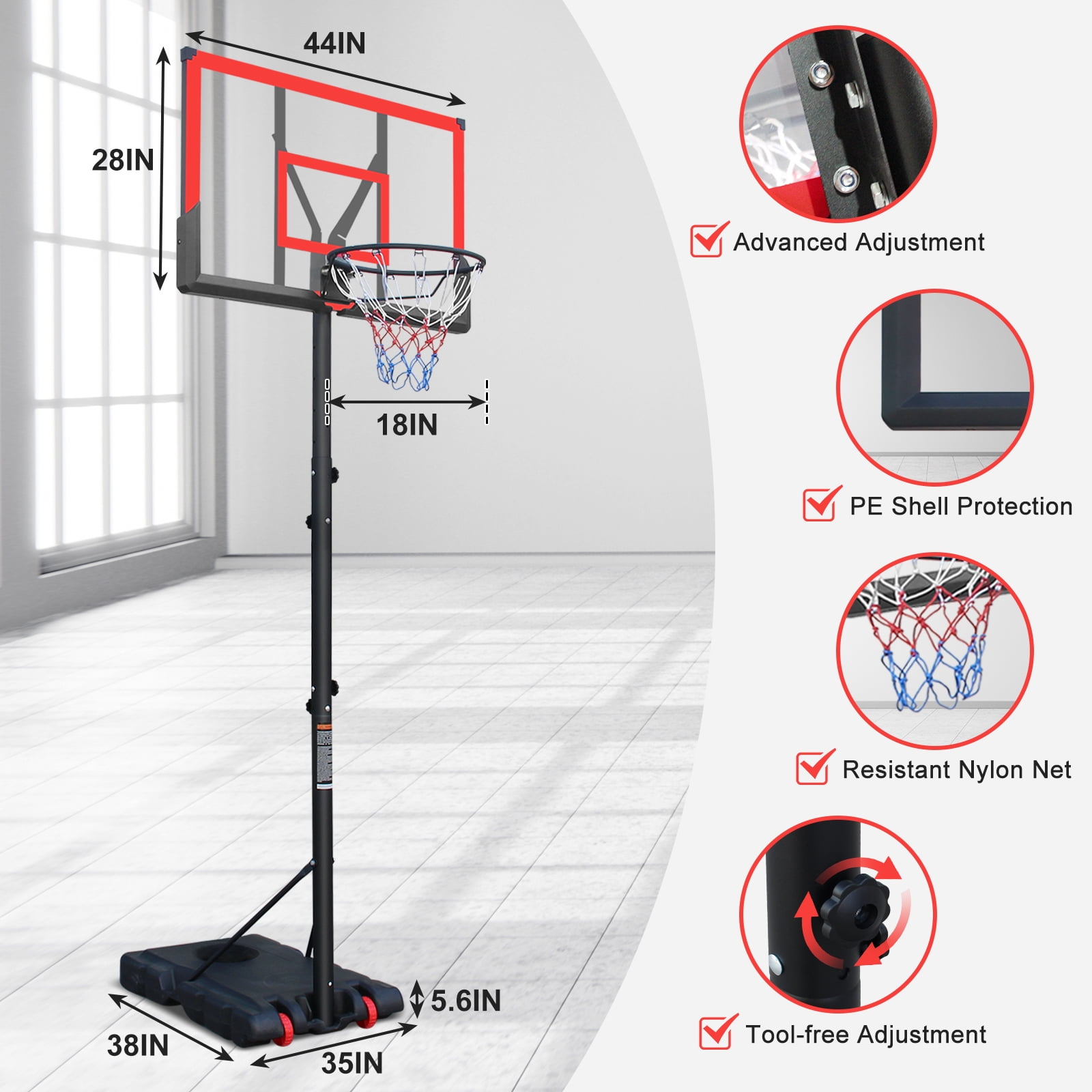 Basketball Hoop 5.73-10FT Height Adjustable Portable Basketball Goal for Indoor Outdoor Basketball Stand 44in Backboard with Wheels, Red