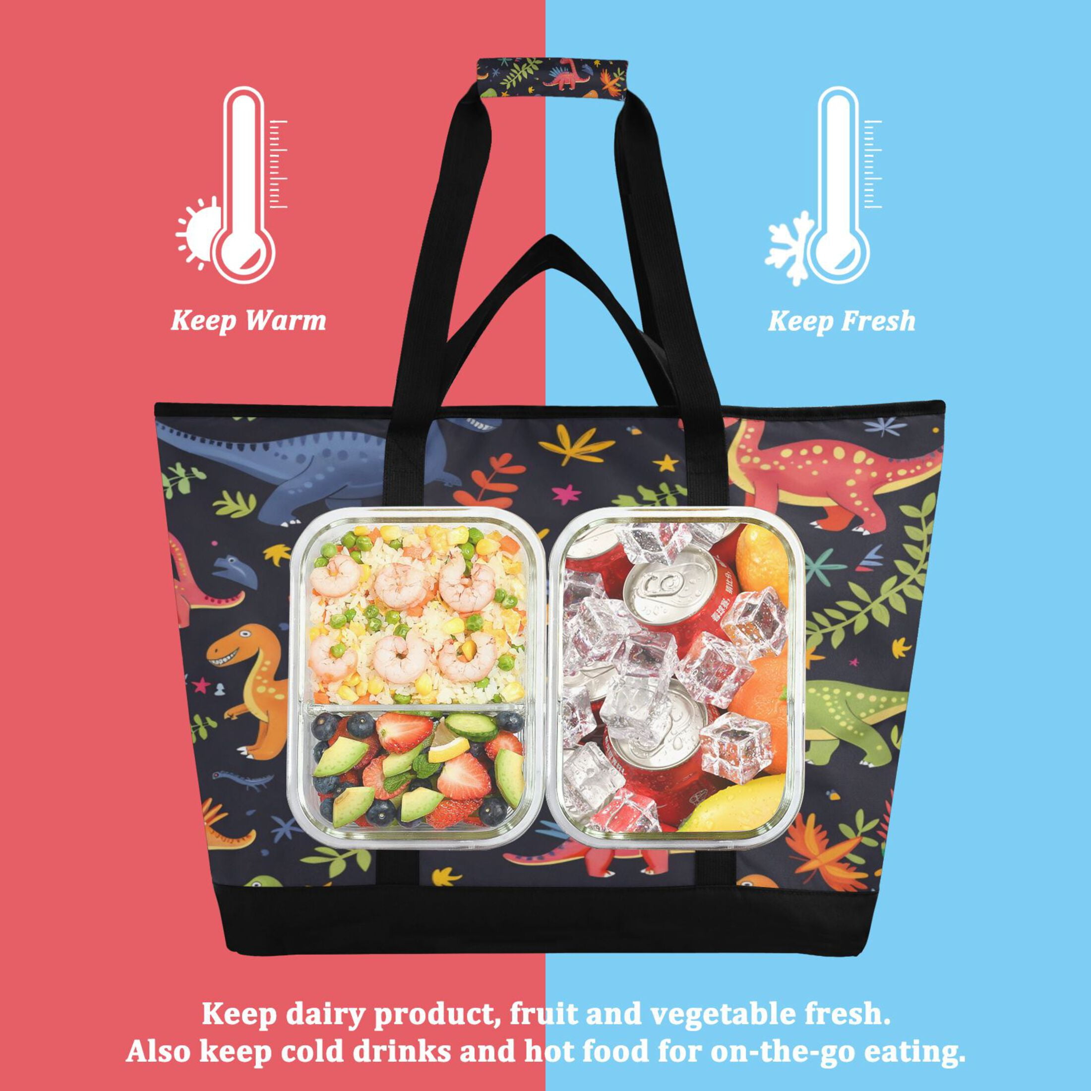 Large Hand-held Ice Pack Picnic Bag Insulation and Refrigeration Suitable for Shopping Picnics and Camping Cartoon Dinosaur