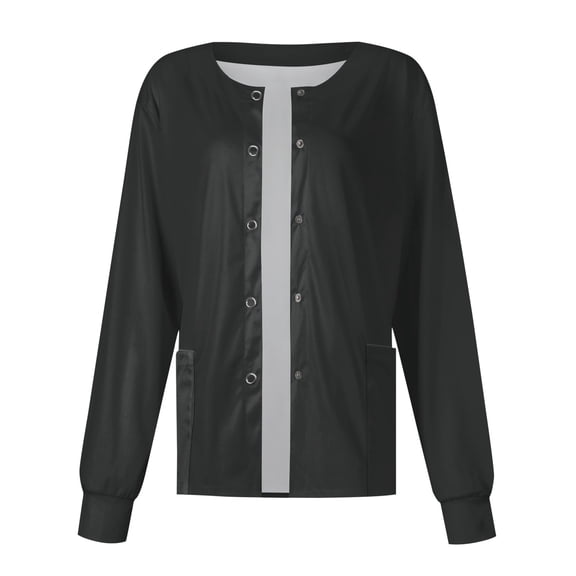 Solid Color Women’s Healthcare Uniform Jacket Terylene Twill Long Sleeve Nurse Scrub Outerwear with Side Pockets Black 3XL
