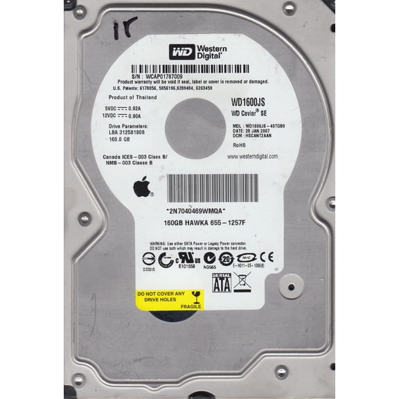 WD1600JS-40TGB0, DCM HSCANT2AAN, Western Digital 160GB SATA 3.5 Hard Drive
