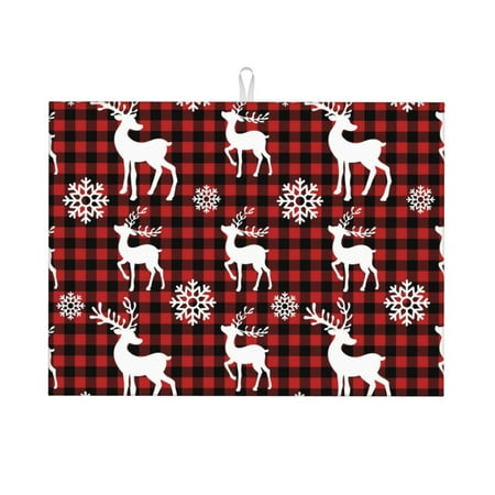 

Xecao Plaid Reindeer Snowflakes Patten Drying Mat Dish Drying Mats for Kitchen Counter Super Absorbent Dish Drying Pads 18×24 Inch