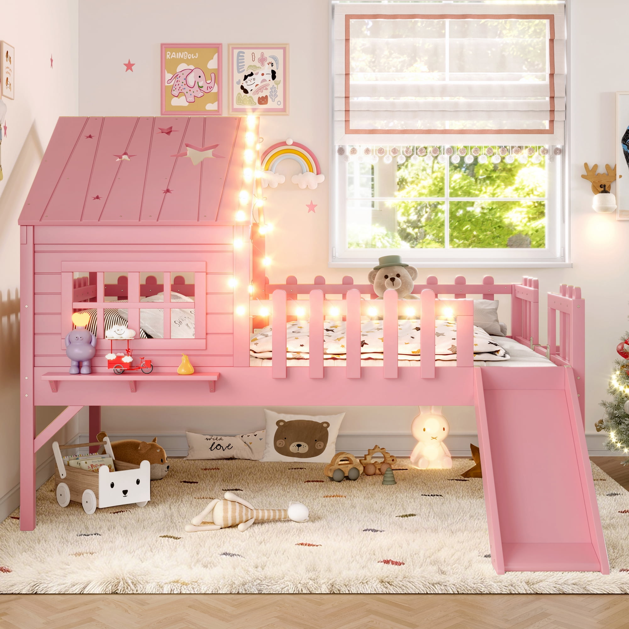 Mintazer Full Size Kids House Loft Bed with Slide & LED Lights, Modern Playhouse Bed with Star Shaped Designs & Ladder, No Box Spring Needed, Pink
