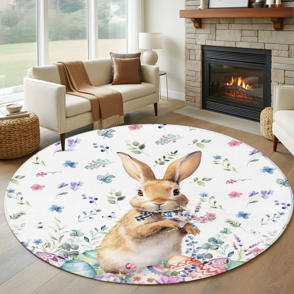Round Area Rug 6 Ft, Bunny Easter Washable Non-Slip Circle Carpet for Living Room/Bedroom, Spring Floral Rabbits Eggs Farmhouse Low-Profile Indoor Mats Collection Rugs for Residential
