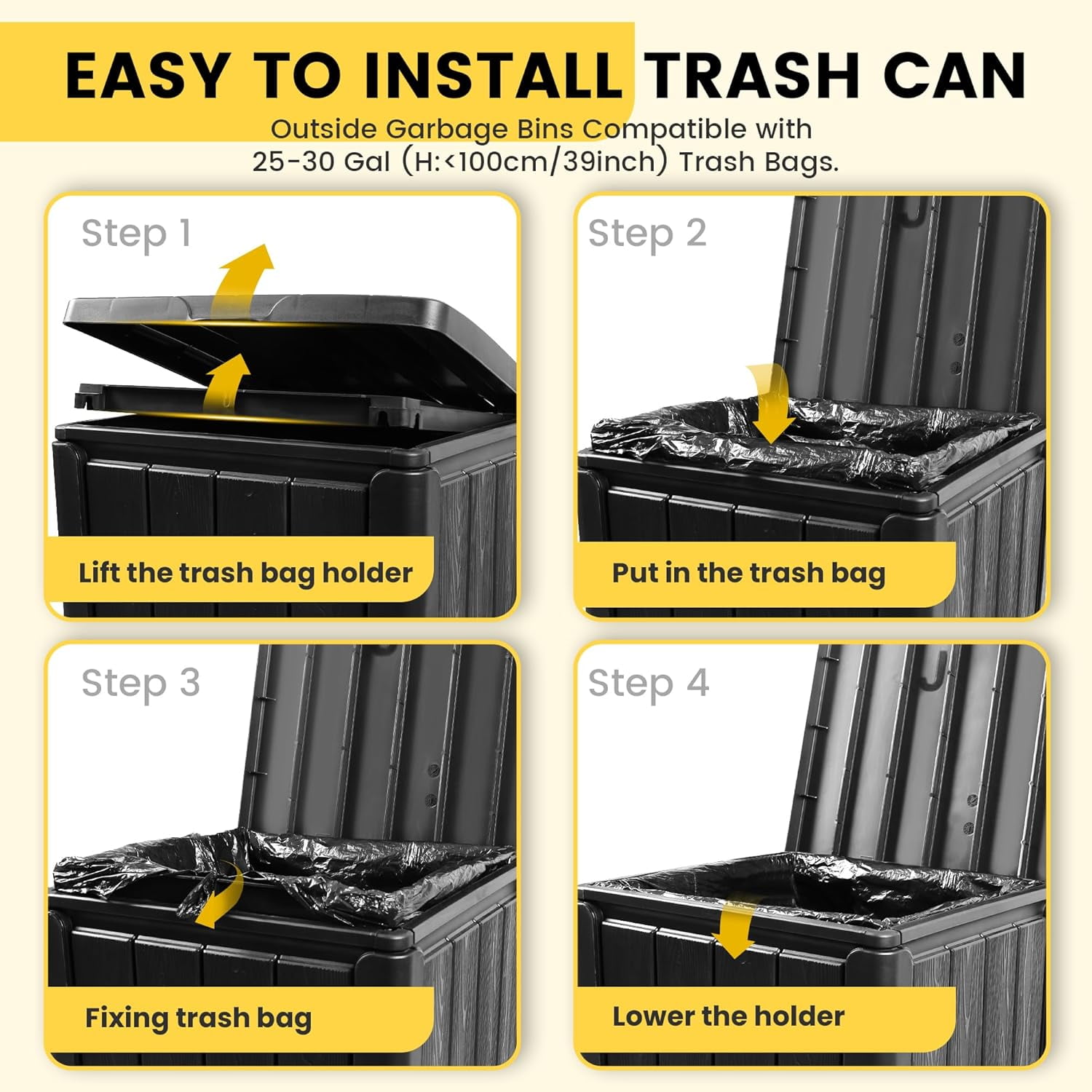 23 Gal Outdoor Resin Trash Can with Tiered Lid – Waterproof Garbage Bin for Patio, Kitchen & Backyard – 15.2×15.2×30.7 in, Easy Install