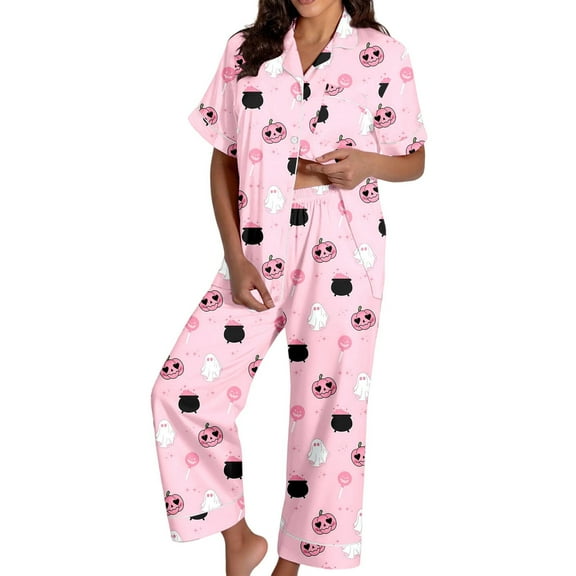 Halloween Pajamas Women,Women Satin Pajama Set Short Sleeve V-Neck Button Up Top With Shorts Stylish Halloween Sleepwear For Autumn Winter Comfort,Plus Size Halloween Pajamas