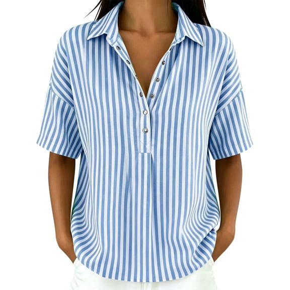 Admvng Women's Striped Lapel Blouse Short Sleeve Casual Relaxed Fit Tops