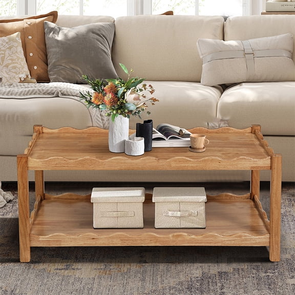 DRNANLIT 2 Tier Coffee Table for Living Room, Rectangular Center Table with Open Storage Shelf, Solid Rubberwood Legs, Easy Assembly, 43.3"L x 23.6"W x 18.1"H, Natural Wood
