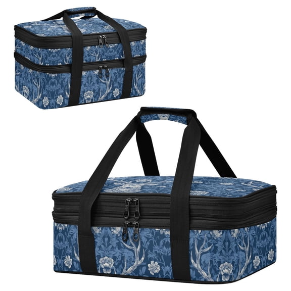 Large Double Decker Insulated Casserole Carrier Expandable 2-Layer Thermal Food Tote Bag Deer in Blue Florals Hot Cold Pizza Lasagna Holder for Potluck Picnic Party Camping