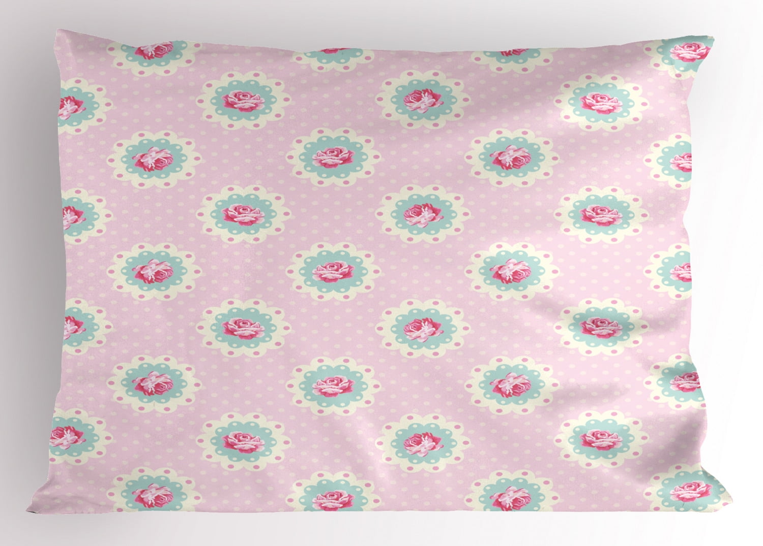 Shabby Chic Pillow Sham Retro Style Polka Dotted Backdrop and Floral Motifs Roses Cottage, Decorative Standard Size Printed Pillowcase, 26 X 20 Inches, Baby Pink White Seafoam, by Ambesonne