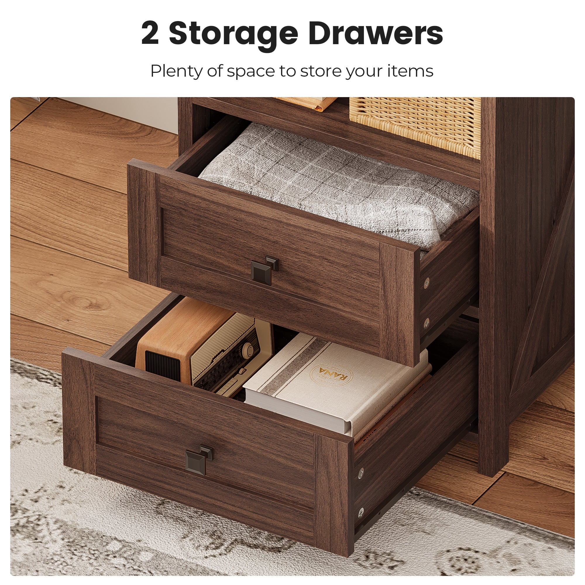 Farmhouse 51.6'' Tall Nightstand with Charging Station and LED Lights, Bed Side Table with 2 Drawers and Bookshelf & 6 Hooks, Easy to Assembly, Oak Brown
