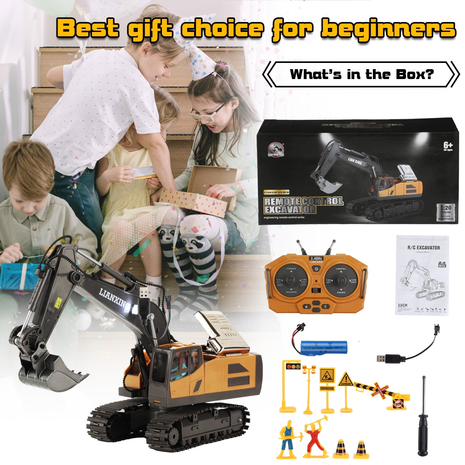 Petbank Remote Control Excavator Toys, 680° Rotation Hydraulic Car Toys with Metal Shovel, Lights & Sounds, Rechargeable 11 Channel RC Construction Vehicles, RC Truck Digger gift for Kids Aged 4-12