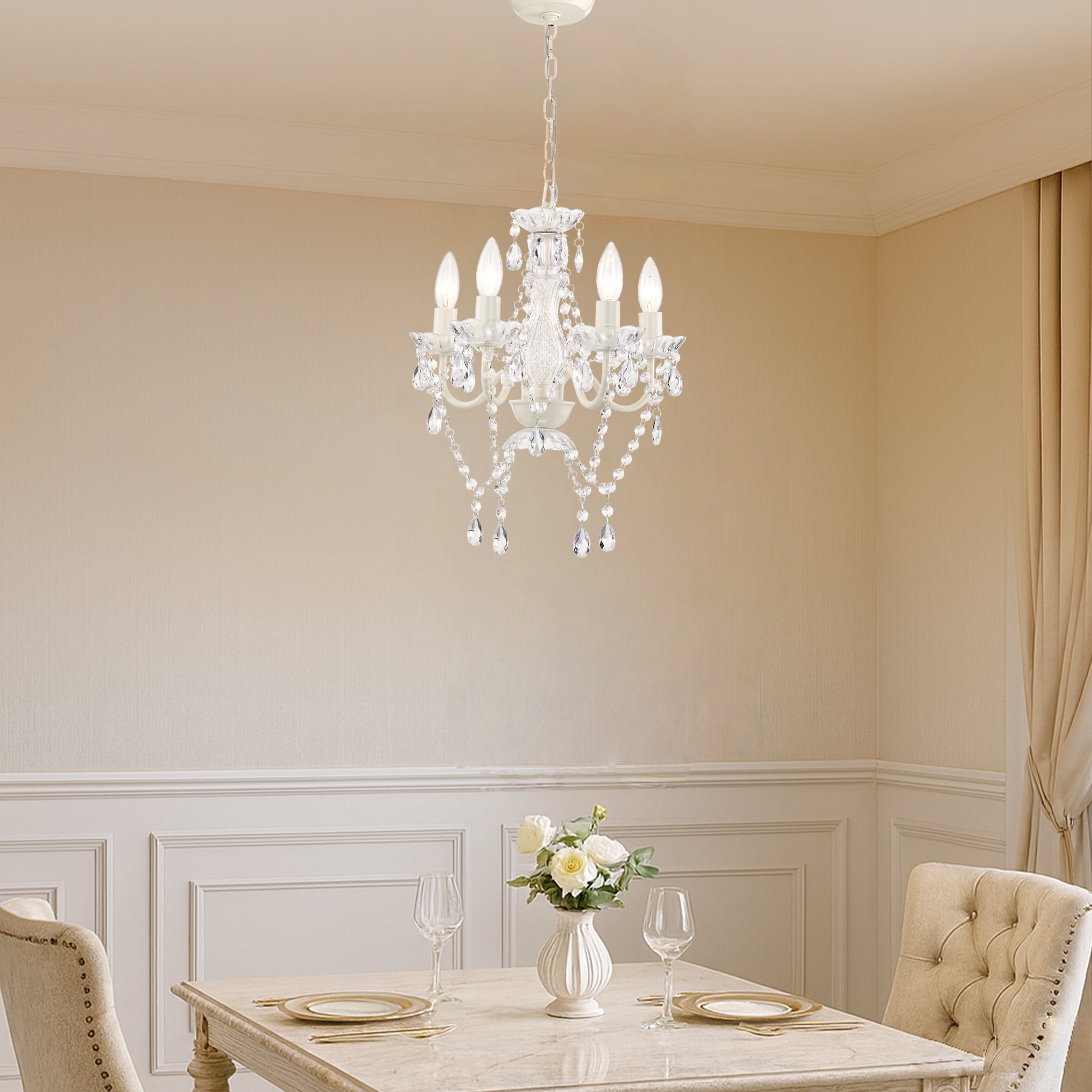 Small Crystal Chandelier Ceiling Lights White Fixture 4-Light For Dining Room Bedroom