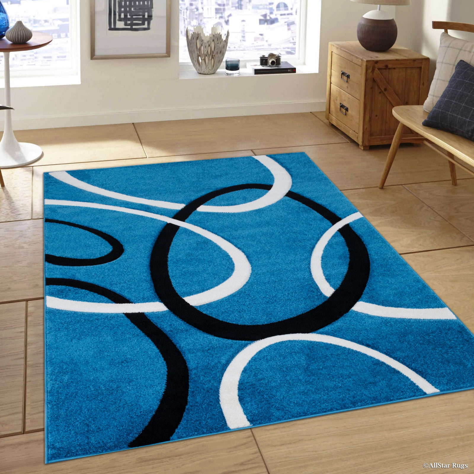 Blue Allstar Floral Design Modern Geometric Area Rug (7' 9" x 10' 5