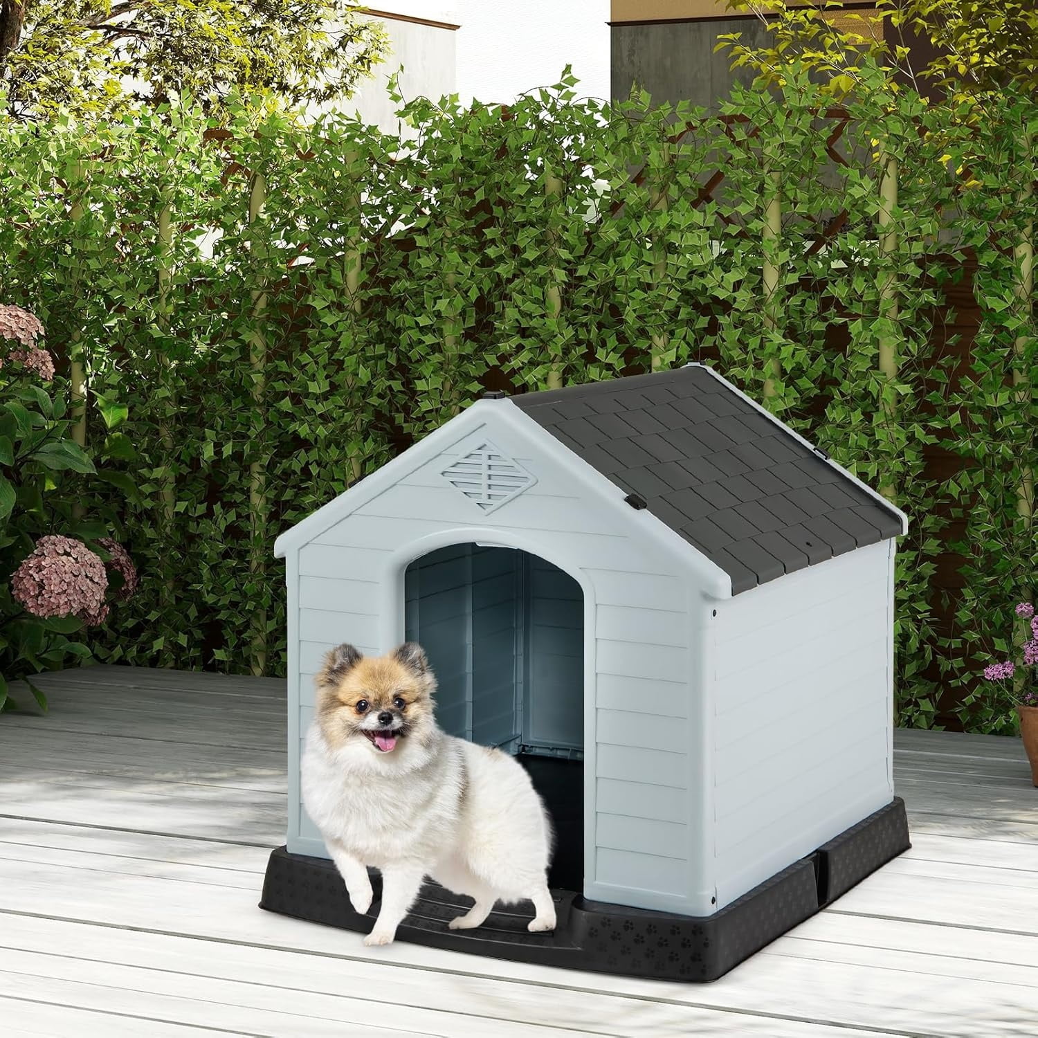 Dog House for Small Dogs, Waterproof Plastic Dog Houses with Air Vents and Elevated Floor, Easy to Assemble, Outdoor Cat Feeding Station Indoor Patio Backyard Dog Kennel House,