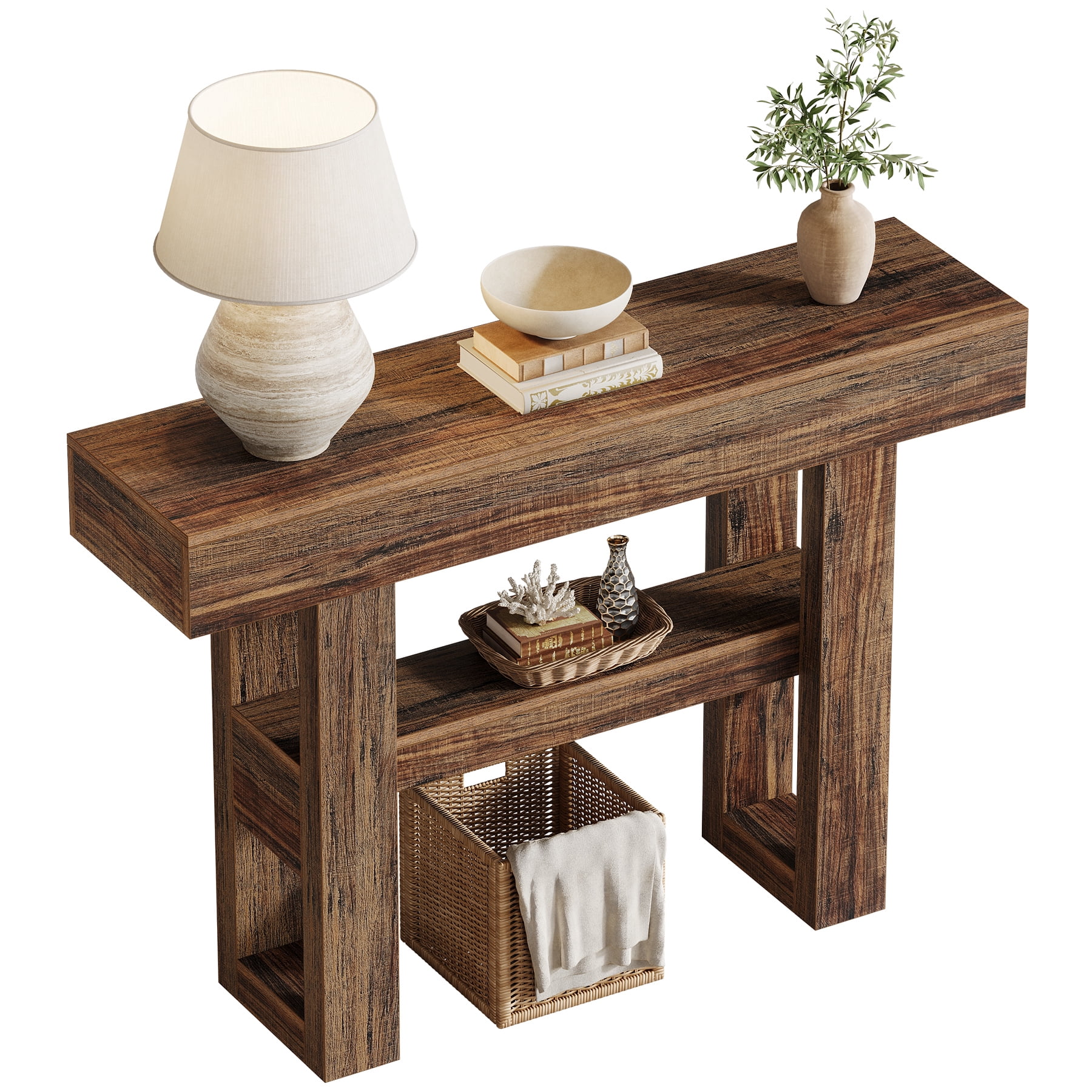 Fnova 41.34" Farmhouse Console Table, Narrow 2-Tier Wood Entryway Table with Storage Shelf, Sofa Table for Living Room, Hallway, Behind Couch, Dark Brown