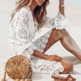 thumbnail image 5 of Pounoo Beach Cover Ups for Women V Neck Long Sleeve Floral Embroidered Hollow Knit Plain Cover Ups for Women Loose Fit Honeymoon Wear Lightweight Pool Cover Ups, 5 of 7
