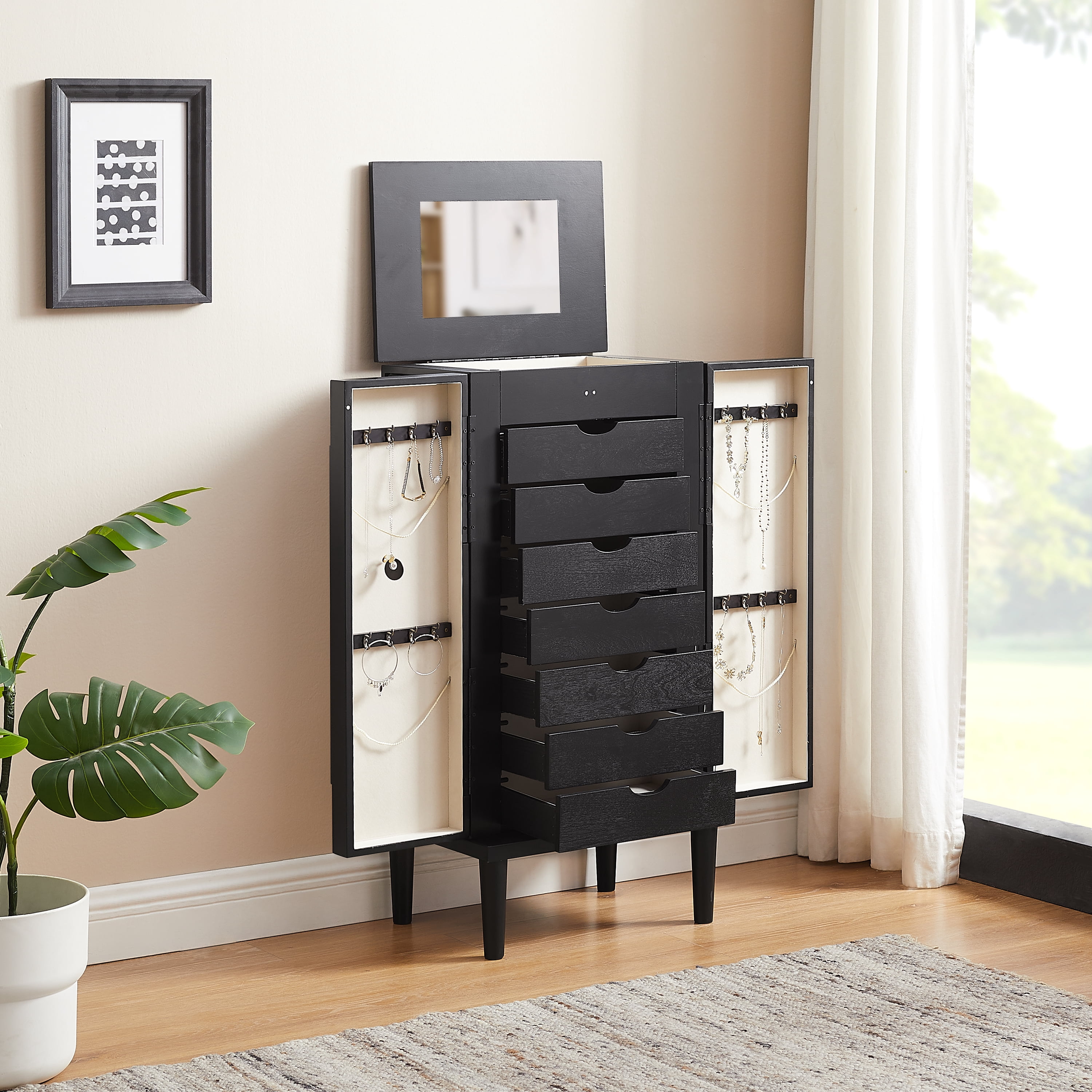 Powell Alicent Free Standing Jewelry Armoire with Hidden Mirror, Black