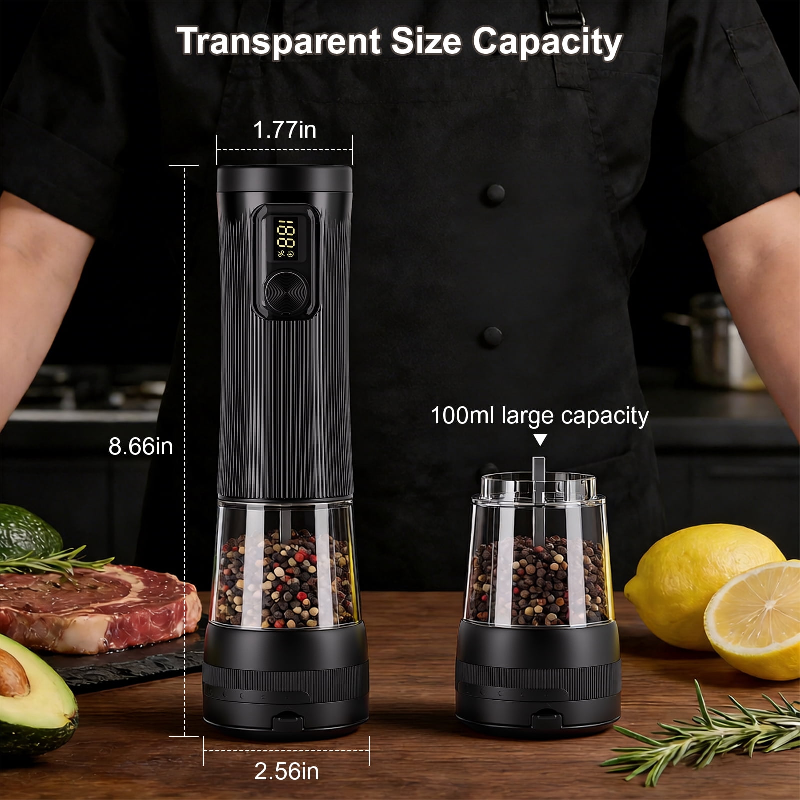 BSgifts Electric Salt and Pepper Grinder Set – Rechargeable Mills with 2-Speed, 5 External Coarseness Settings, LED Display, USB-C Charging Base for Kitchen, Dining & Camping