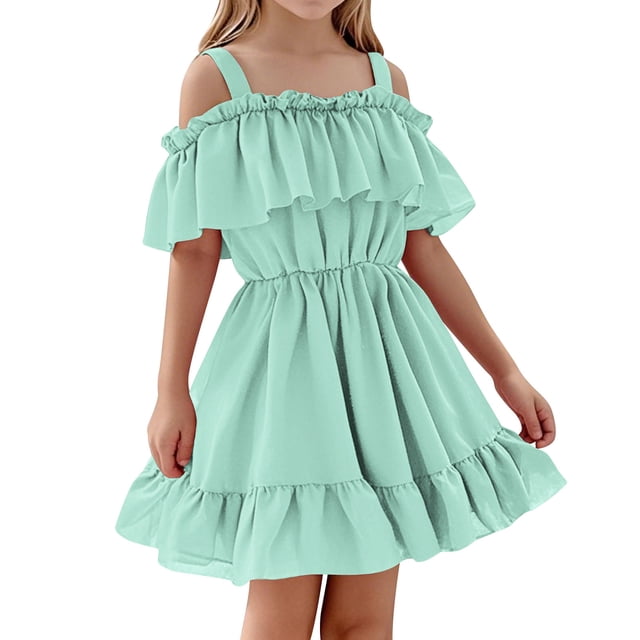 Zpanxa Robe T-Shirt d'Été pour Fillette, Décontractée, Épaules Dénudées, Ligne A, Ourlet à Volants, Robe de Fête Fumée en Polyester et Spandex, 2 Ans