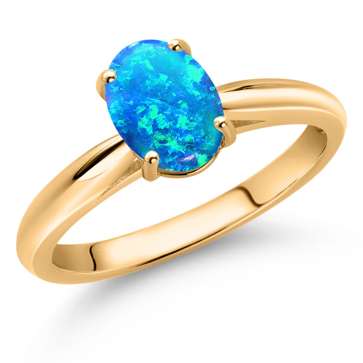 Gem Stone King 10K Yellow Gold Blue Opal Solitaire Engagement Ring for Women (1.06 Cttw, Oval Cabochon 8X6MM, Gemstone October Birthstone, Available in Size 5, 6, 7, 8, 9)