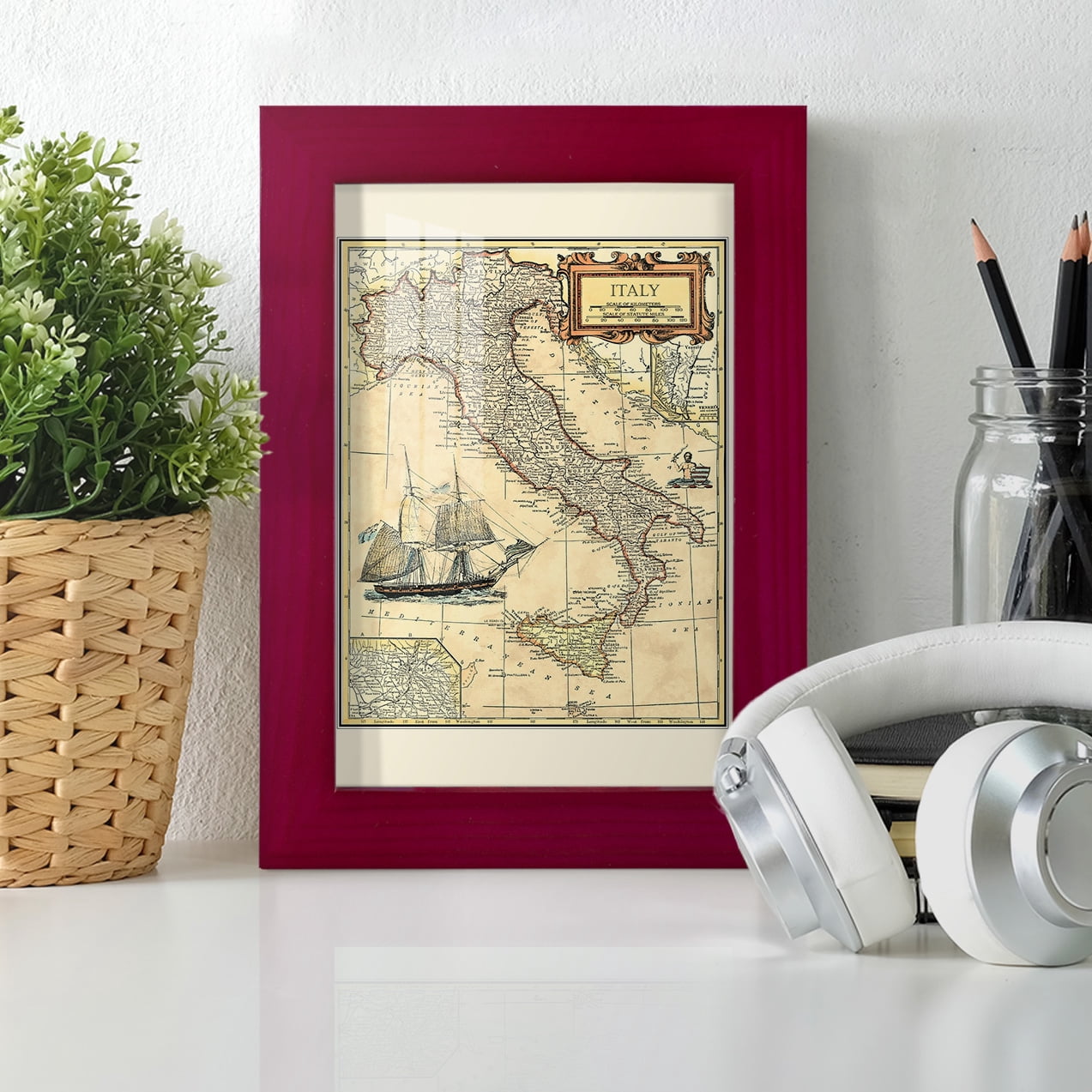 Italy Map -Framed Print w/glass-Cherry Red