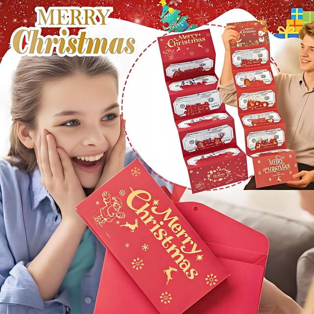 Christmas Santa Money Envelope 6 Slots - Christmas Cash Wallet Holiday Gift Card Holder, Fold-Out Red Envelope Money Box DIY Reusable Wallet