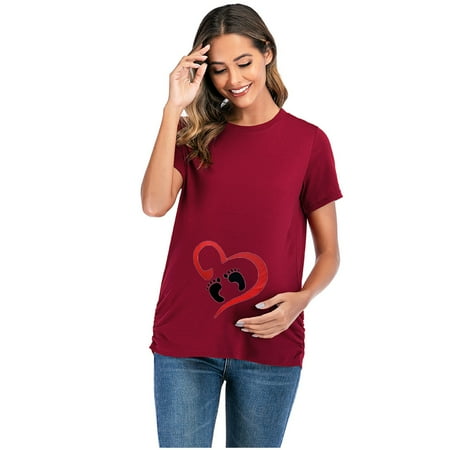 

Maternity Summer Short Sleeve T-shirt Cute Cartoon Print Solid Color Round Neck T-shirt Casual Loose Pregnant Women s Large Size Nursing Top