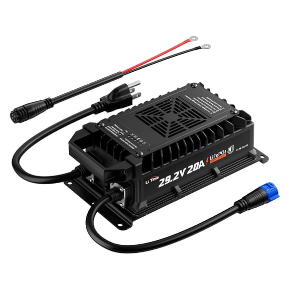 LiTime 29.2V 20A Lithium Battery Charger, IP67 Waterproof with 24V LiFePO4 Battery Activation, Smart 3-Stage AC-DC Charger for RV, Marine, Trolling Motor & Off-Grid