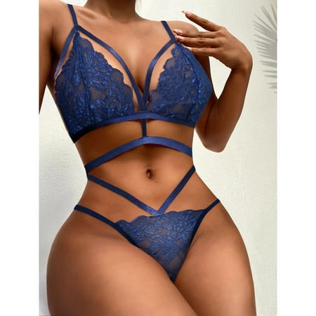 

WGOUP Women s Fashion Sexy Lace Two-piece Set Suit Solid Color Wireless Bra Sexy Underwear Panties Blue(Buy 2 Get 1 Free)