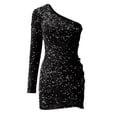 thumbnail image 4 of Lindreshi Fall Dresses for Women Homecoming Dresses Women Solid Sequins Thin Shoulder Sleeve -Skew Collar Dress, 4 of 6