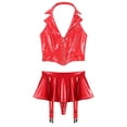 thumbnail image 3 of Doomiva Women's Sexy Wet Look Leather Lingerie Outfits Halter Lapel Crop Vest Top with Miniskirts Red 4XL, 3 of 5