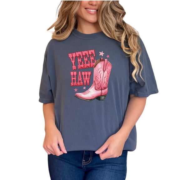 Yeehaw Pink Cowboy Boot T-Shirt, Western Country Tee, Cute Cowgirl Shirt, Fun Southern Style Top, Unique Ranch Outfit, Rodeo Apparel, Denim Comfort Colors T-Shirt, Small