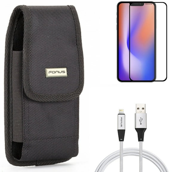 10ft USB Cable & Screen Protector & Case Belt Clip for iPhone 13,Pro ONLY - Charger Cord Power Wire   Anti-Glare Tempered Glass Matte   Swivel Holster Rugged Combo
