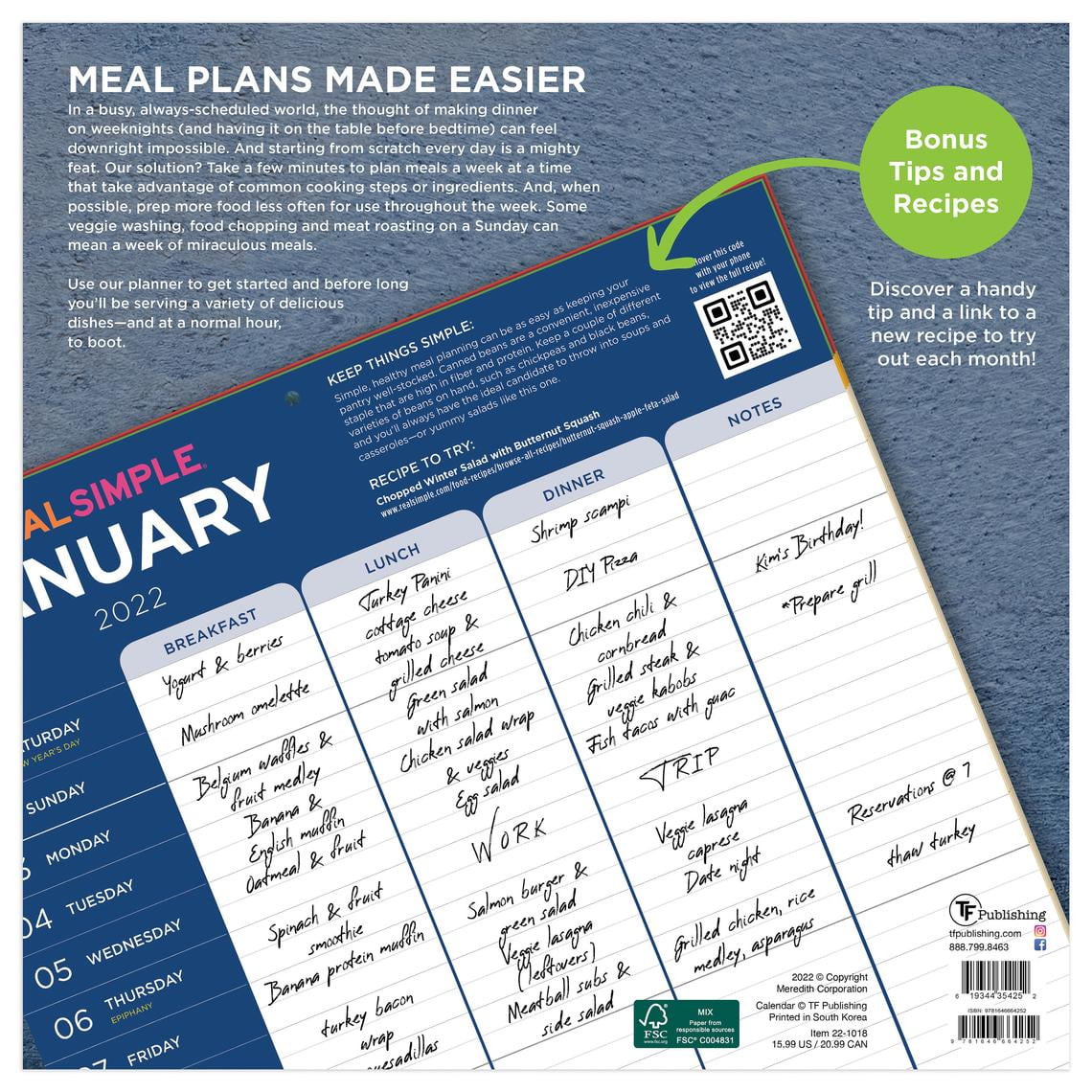 TF PUBLISHING 2021 Real Simple-Meal Plans Made Easier Monthly Wall Calendar