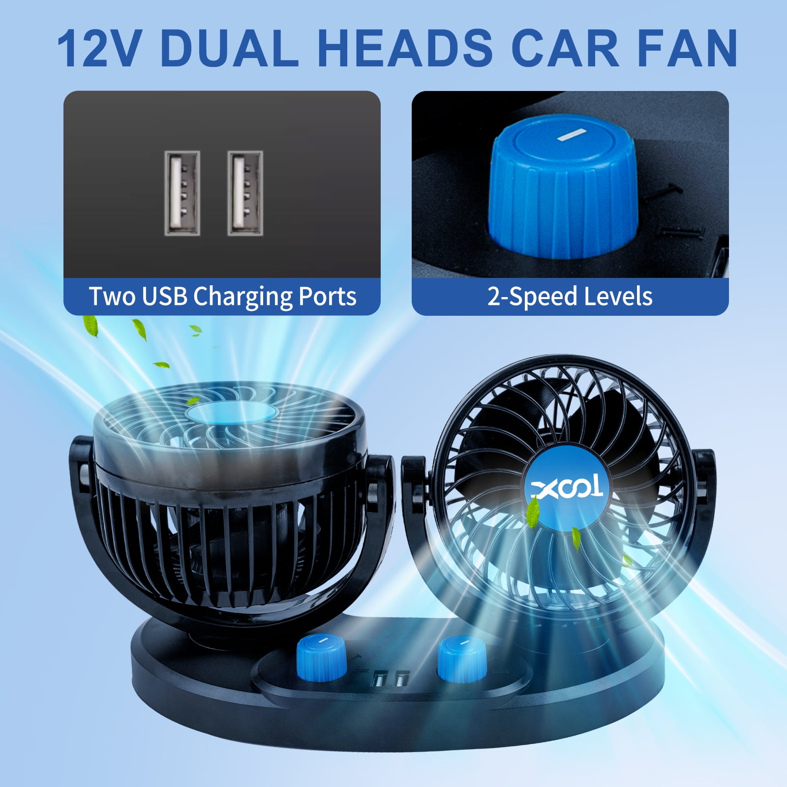 Car Fan, Electric Car Fan for Dashboard, 2 Speeds Portable 360 Degree 12V Car Cooling Fan for SUV, RV, Vehicle (2 USB Charging Ports)