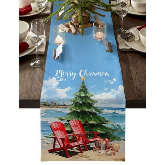 Coastal Christmas Table Runner Xmas Tree Nautical Beach Shell Tablerunners 13 x 70 Inch, Table Decorations Tabletop Scarf for Summer Gathering Holiday Farmhouse Kitchen Dining Decor