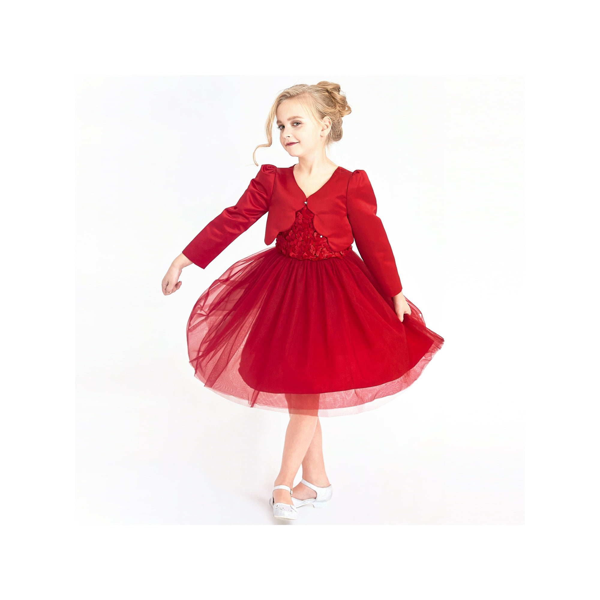 Sunny Fashion Flower Girls Dress Red Long Sleeve Shrug Bolero 6 Years Red
