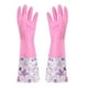 thumbnail image 5 of Guantes de limpieza de goma para lavar platos y uso doméstico | Patrón de flores | Forrado de terciopelo | Puño largo | Empuñadura antideslizante | Resistente al calor | Talla mediana M | 1 par, 5 of 5