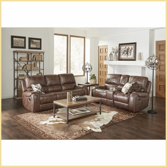 Achern Brown Faux Leather Manual Reclining Sofa & Loveseat Set with Storage Console & USB Ports for Living Room
