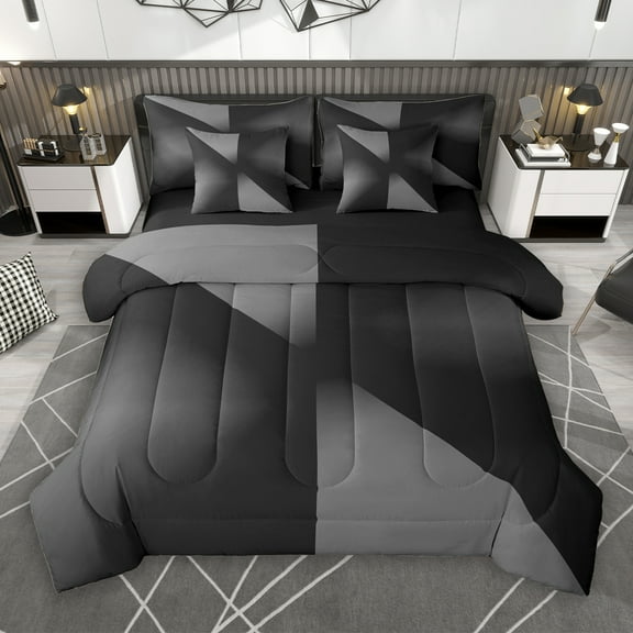 Manfei Girly Grey Stripes 7-Piece Twin Bedding Sets for Female, Modern Abstract Ombre Bedding Comforter Set, Chic Artwork Reversible Sheet Sets, Lightweight Room Decor