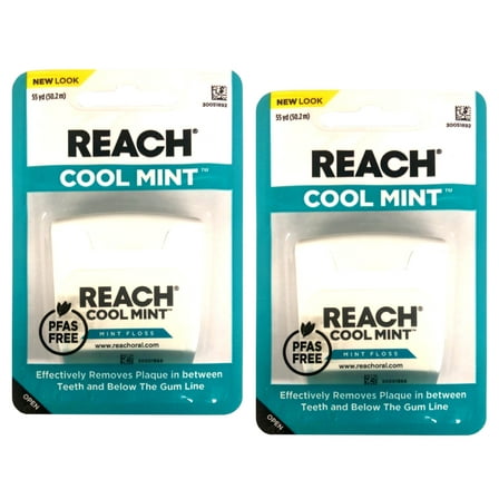 REACH Cool Mint Dental Floss, Plaque Remover for Teeth, Shred Resistant, Waxed, 55yd (Pack of 2)