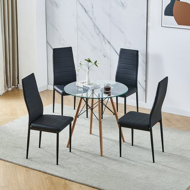 Set of 5 Dining Table Chair Set Round Glass Dining Table Small Kitchen