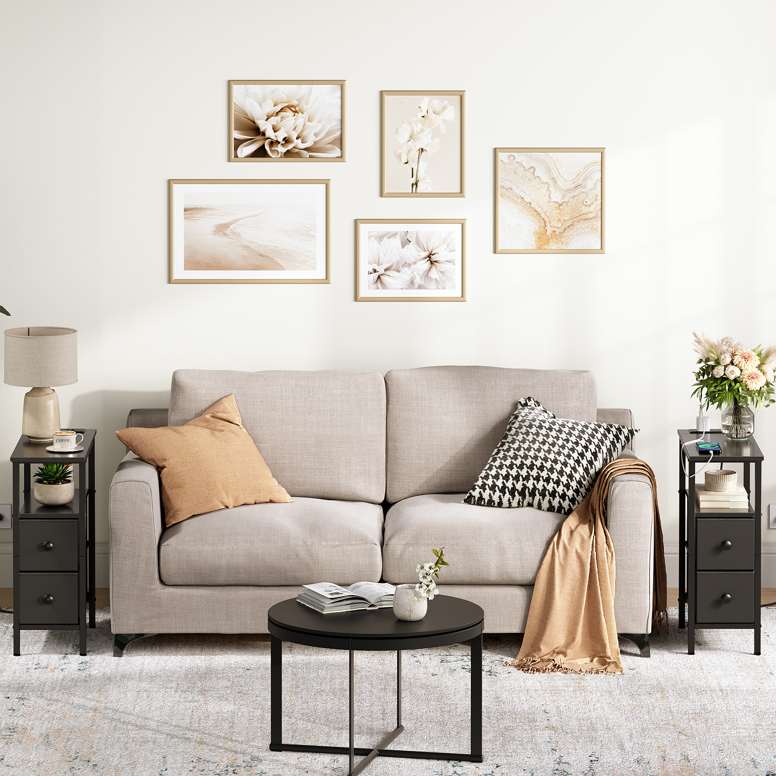 HOOBRO End Table with Charging Station, Narrow Side Table with 2 Fabric Drawers, Skinny Nightstand with Storage, Slim Bedside Table for Bedroom, Living Room, Small Spaces, Black BB487UBZ01