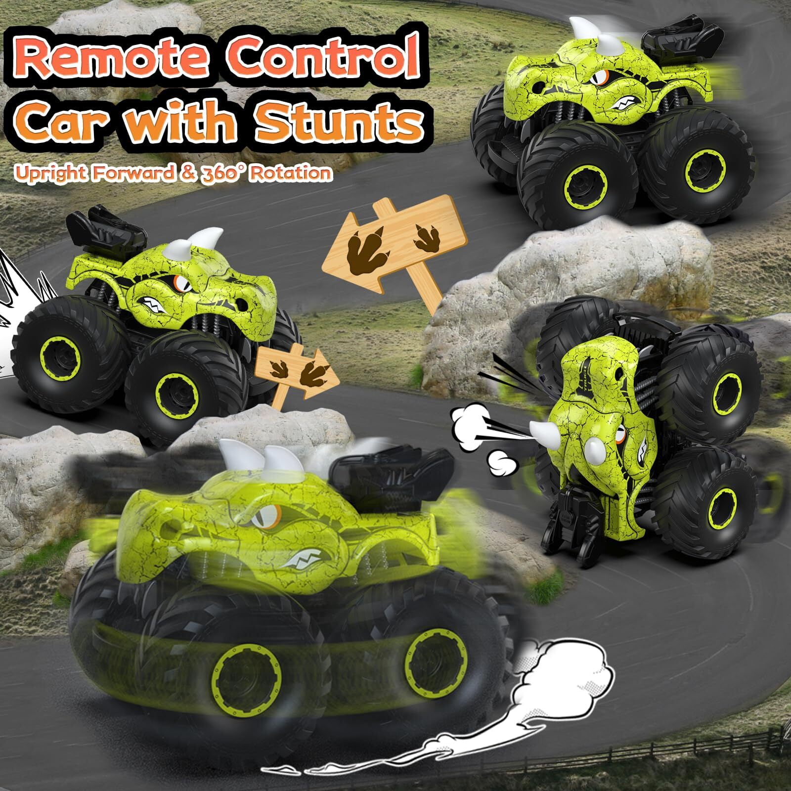 JUGAAD LIFE Dinosaur Remote Control Car 2.4GHz RC Monster Trucks for Boys Girls with Light, Sound & Spray, Dinosaur Toys Gift for Kids 3 4 5 6 7 8 Years Old-Green