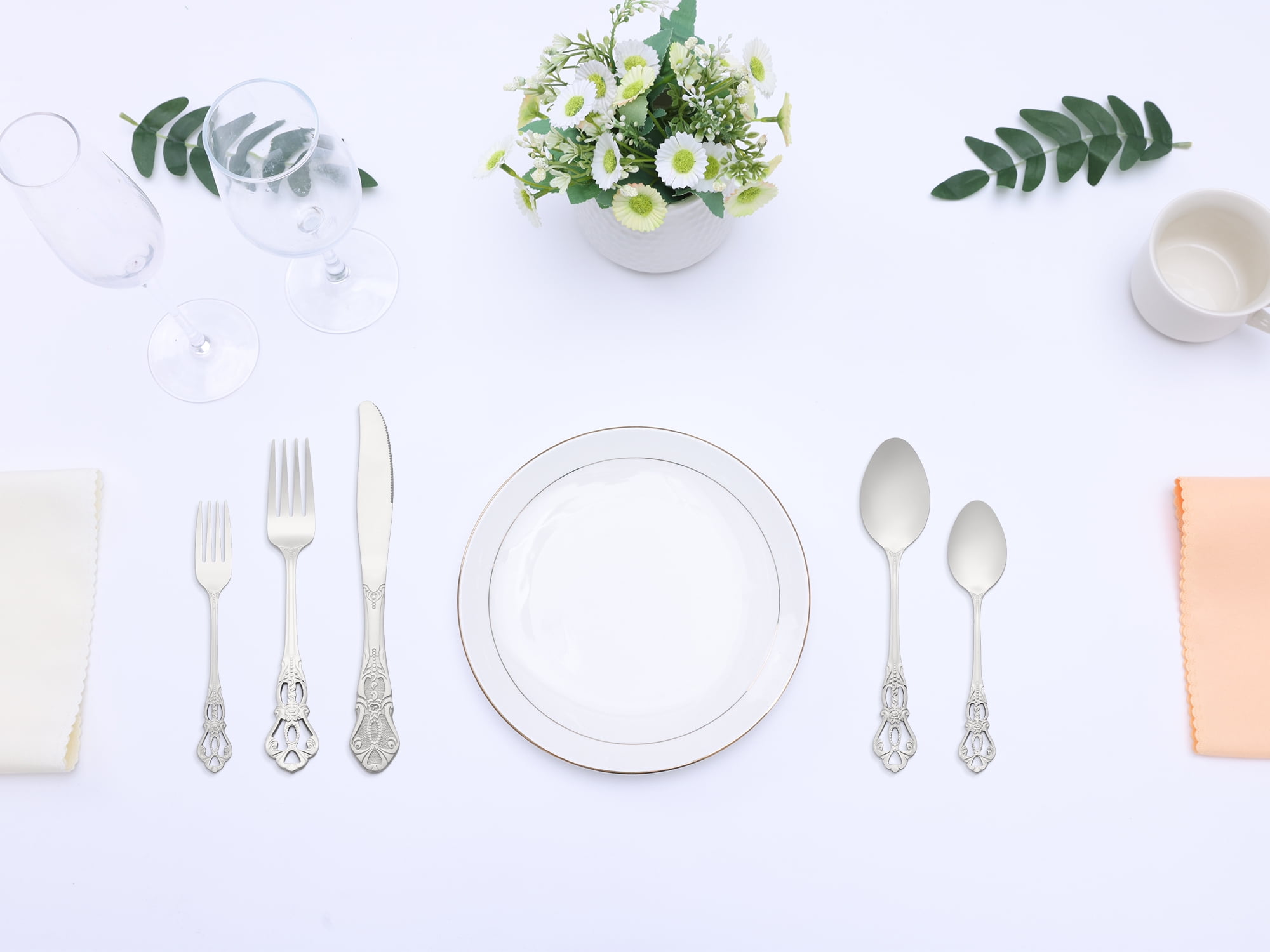 Unique Bargains 20 Piece Stainless Steel Floral Flatware Set for Kitchen Eating Tableware Silver 20