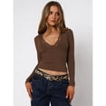 thumbnail image 4 of Blusas de Larga para Mujer con Cuello en V y de Encaje Ajustadas para Salir Marrón S, 4 of 9