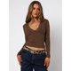 thumbnail image 4 of Blusas de Larga para Mujer con Cuello en V y de Encaje Ajustadas para Salir Marrón M, 4 of 9