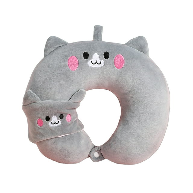 Almohada en forma de U, portátil, con diseño de animales de dibujos animados, para el cuello, para viajes, con antifaz para vuelos largos, siestas en la oficina, salud de la columna cervical.