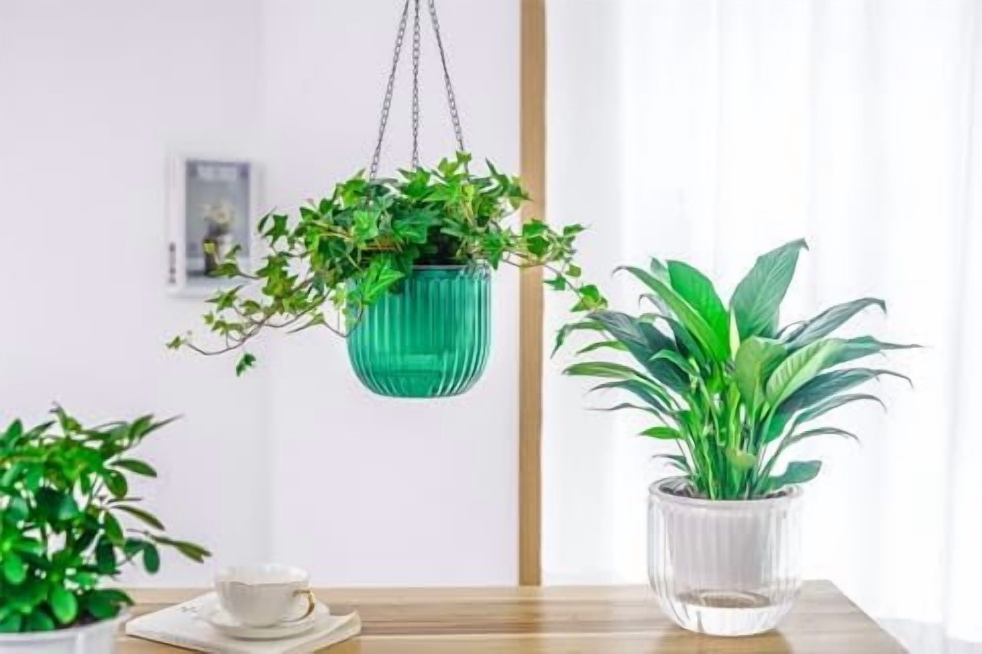 2 Pack Self Watering Hanging Planters Indoor Flower Pots, 6.5 Inch Outdoor Hanging Plant Pot Basket, Plant Hanger with 3Hooks Drainage Holes for Garden Home Emerald+white,6.5''+6.5''