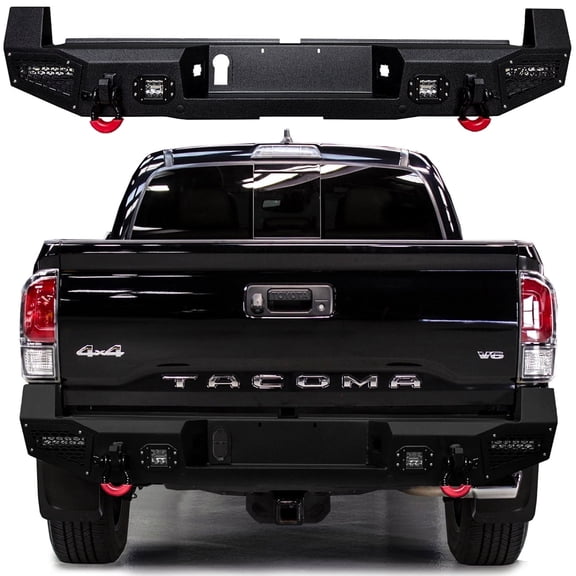 Vijay Compatible with 2016-2017-2018-2019-2020-2021-2022-2023 Toyota Tacoma Rear Bumper Textured Black Steel with Lights and D-rings